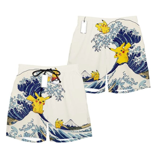 Catch Waves In Style: Pikachu Surf Print Swim Shorts - Perfect For Beach Fun!