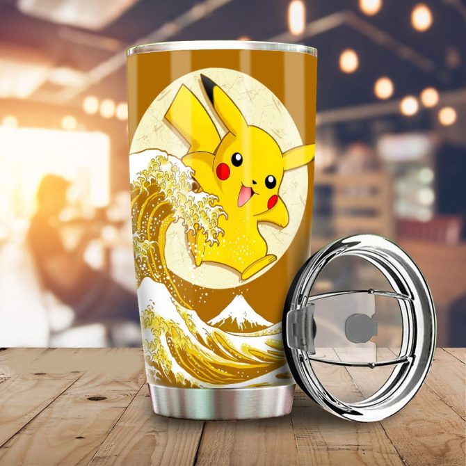 Vibrant Pikachu Tumbler - Limited Edition Stainless Steel Travel Mug With Japanese Wave Design - Image 2