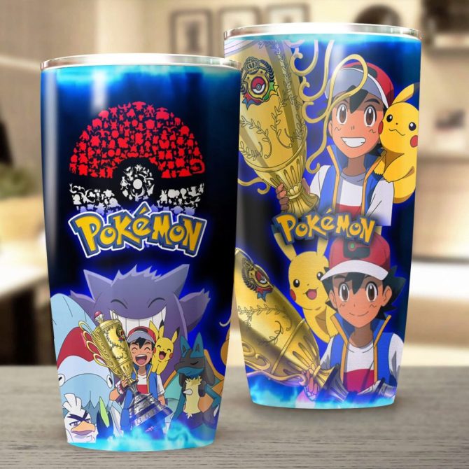 Vibrant Pokémon Champion Tumbler Cup - Ash & Pikachu Design - Perfect Gift For Fans!