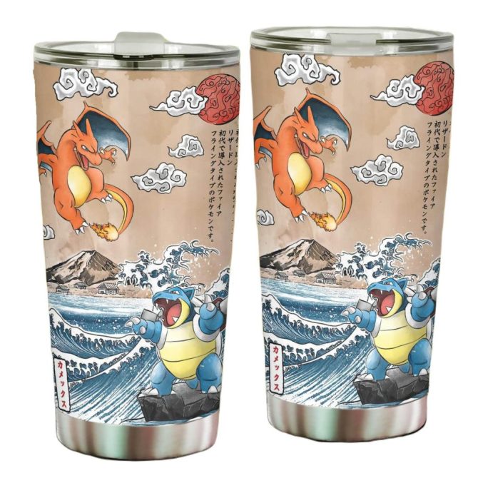 Vintage Japanese Art Style Tumbler With Iconic Fire & Water Characters – 20Oz Insulated Travel Mug