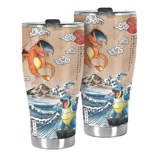 Vintage Japanese Art Style Tumbler With Iconic Fire & Water Characters – 20Oz Insulated Travel Mug - Image 2