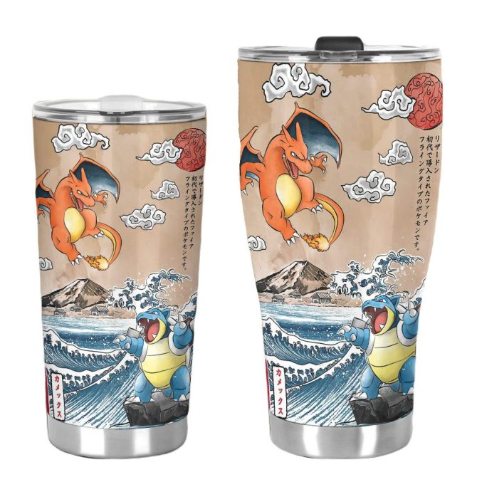 Vintage Japanese Art Style Tumbler With Iconic Fire & Water Characters – 20Oz Insulated Travel Mug - Image 3