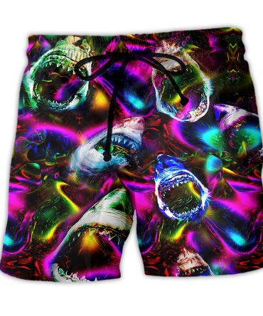 Men'S Neon Shark Attack Swim Trunks - Vibrant 3D Print Beach Shorts