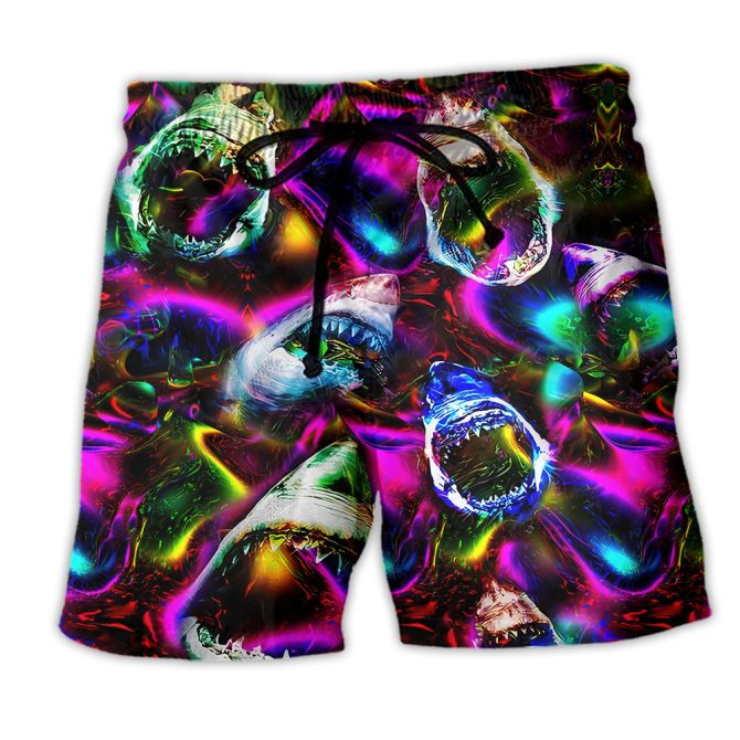 Men'S Neon Shark Attack Swim Trunks - Vibrant 3D Print Beach Shorts