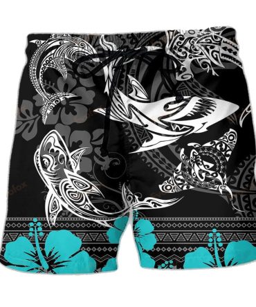 Tropical Shark Print Swim Shorts - Men'S Quick-Dry Beachwear With Tribal Design