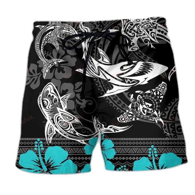 Tropical Shark Print Swim Shorts - Men'S Quick-Dry Beachwear With Tribal Design