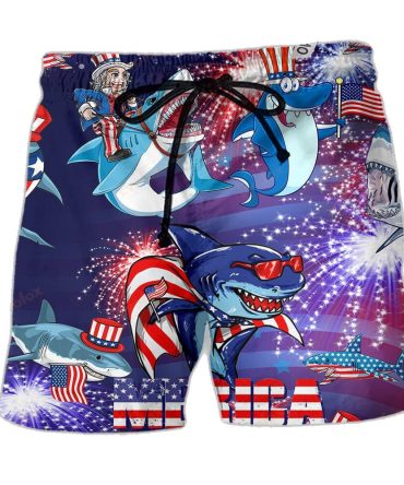 Patriotic Shark Swim Trunks - Unisex 4Th Of July Beachwear, Fun Usa Flag Design