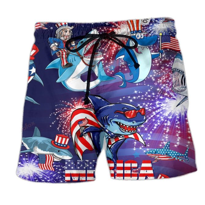 Patriotic Shark Swim Trunks - Unisex 4Th Of July Beachwear, Fun Usa Flag Design