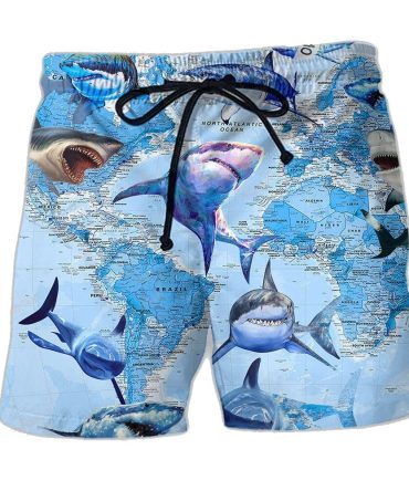 Men'S Shark Print Swim Trunks With World Map – Quick-Dry Beach Shorts For Summer Fun