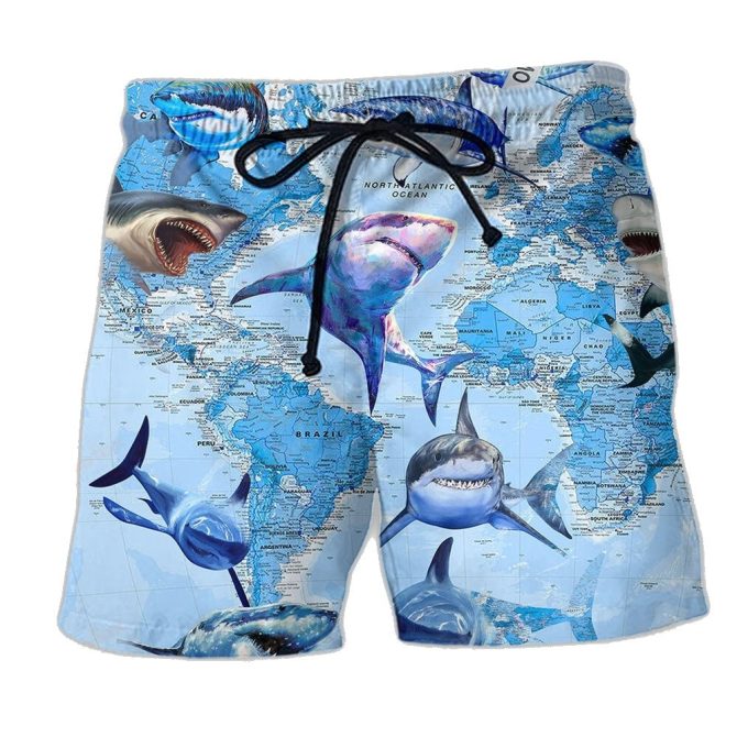 Men'S Shark Print Swim Trunks With World Map – Quick-Dry Beach Shorts For Summer Fun