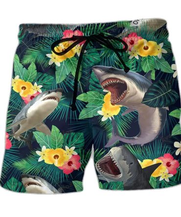 Men'S Tropical Shark Swim Trunks - Fun Floral Beach Shorts For Summer Adventure