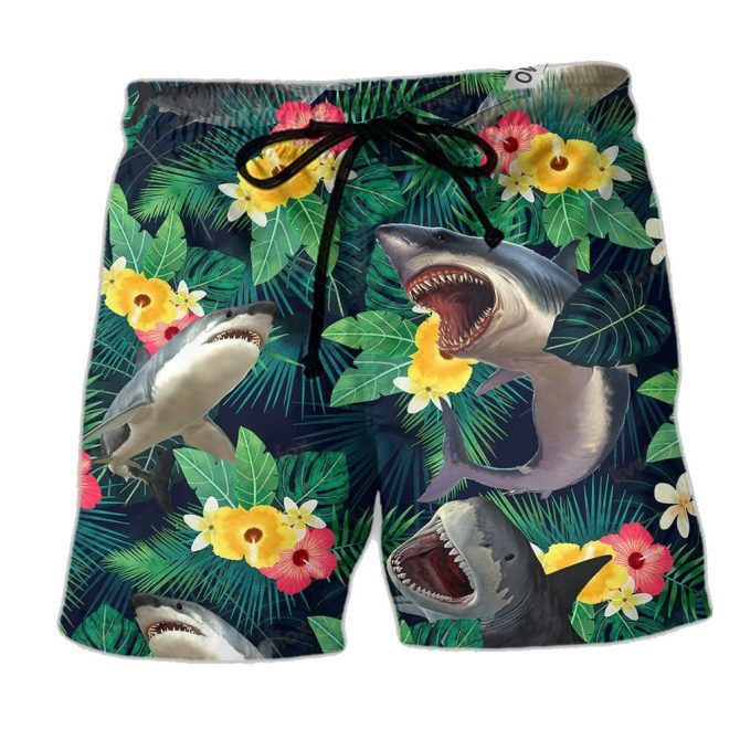 Men'S Tropical Shark Swim Trunks - Fun Floral Beach Shorts For Summer Adventure