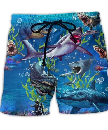 Men'S Shark Attack Swim Trunks - Bold 3D Ocean Print Beach Shorts For Summer Fun