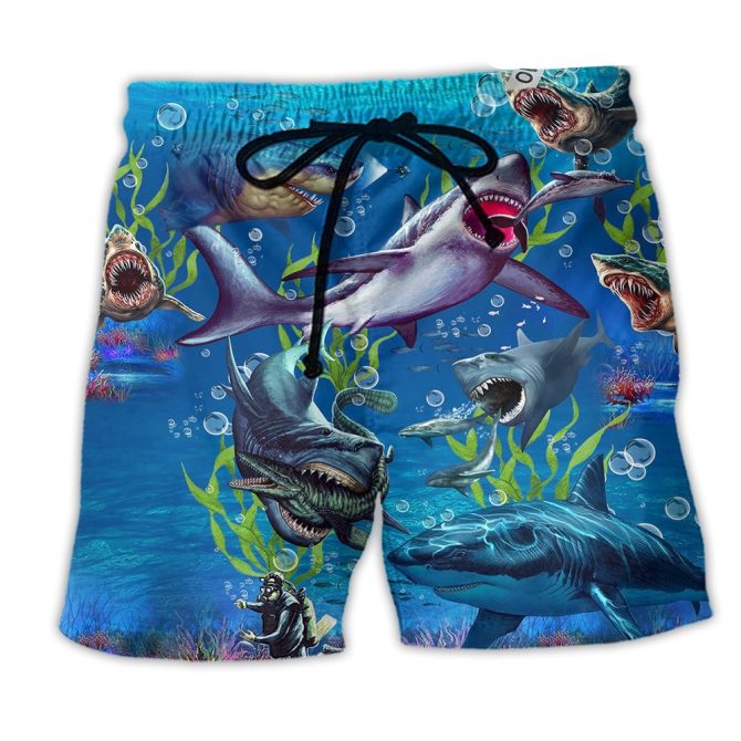 Men'S Shark Attack Swim Trunks - Bold 3D Ocean Print Beach Shorts For Summer Fun
