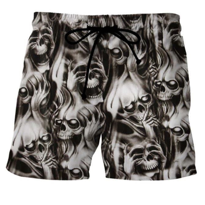 Men'S Gothic Skull Print Swim Trunks - Spooky Summer Beachwear