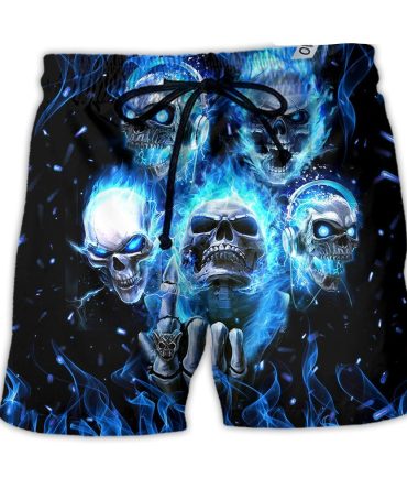 Men'S Blue Flame Skull Swim Trunks - Cool Gothic Beachwear Shorts
