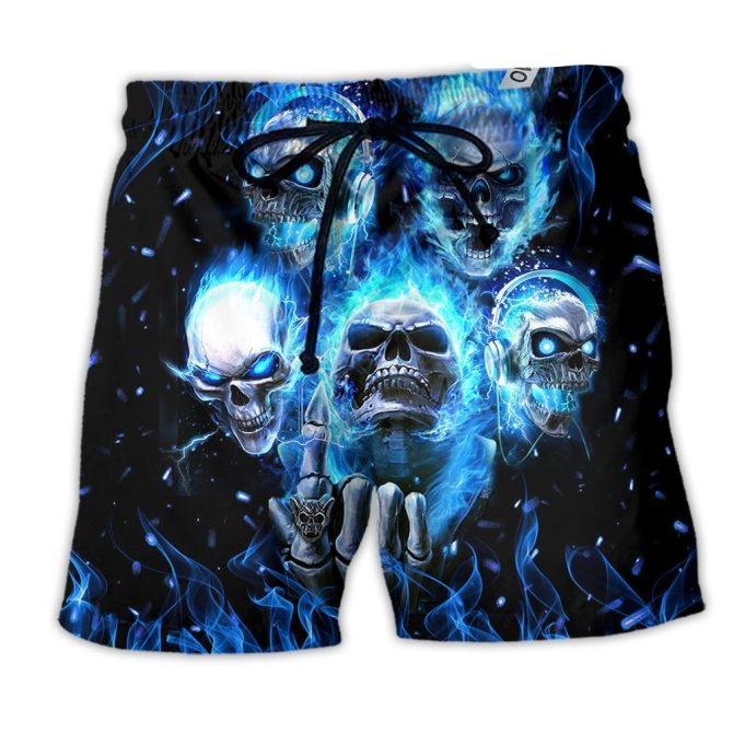 Men'S Blue Flame Skull Swim Trunks - Cool Gothic Beachwear Shorts