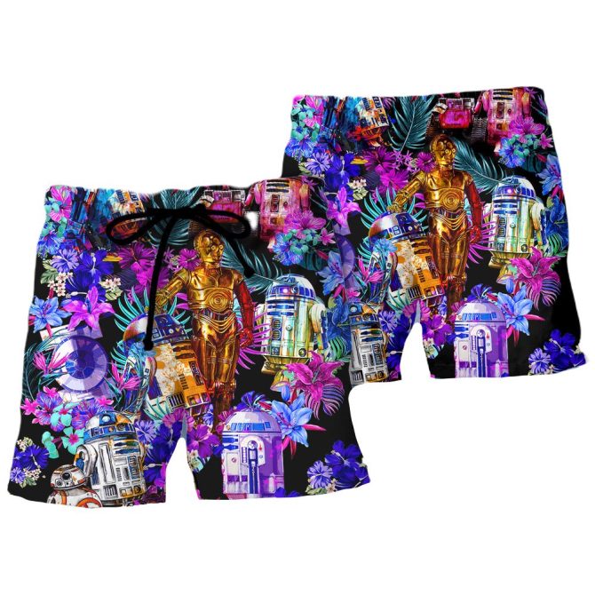 Vibrant Sci-Fi Robot Beach Shorts - Tropical Floral Design For Summer Fun - Image 2