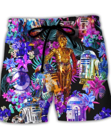 Vibrant Sci-Fi Robot Beach Shorts - Tropical Floral Design For Summer Fun