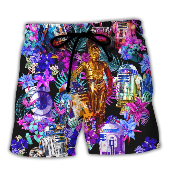 Vibrant Sci-Fi Robot Beach Shorts - Tropical Floral Design For Summer Fun