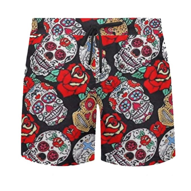 Vibrant Skull & Rose Print Men'S Swim Trunks - Bold Summer Beachwear - Image 2