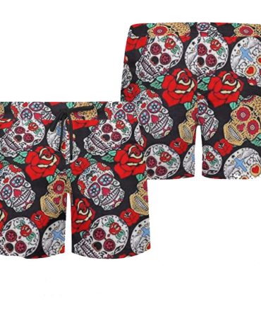 Vibrant Skull & Rose Print Men'S Swim Trunks - Bold Summer Beachwear