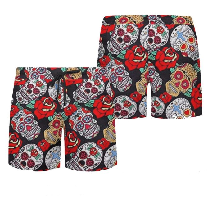 Vibrant Skull & Rose Print Men'S Swim Trunks - Bold Summer Beachwear