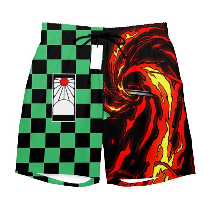 Vibrant Checkered Swim Shorts With Fiery Design - Unisex, Quick-Dry, Summer Essential - Image 2