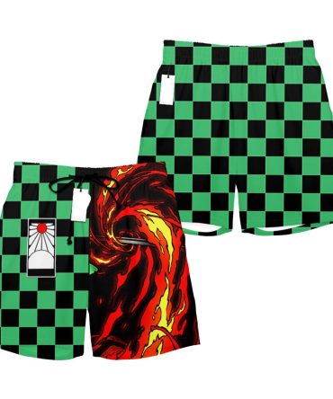Vibrant Checkered Swim Shorts With Fiery Design - Unisex, Quick-Dry, Summer Essential