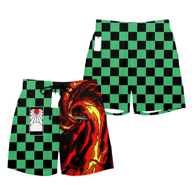 Vibrant Checkered Swim Shorts With Fiery Design - Unisex, Quick-Dry, Summer Essential