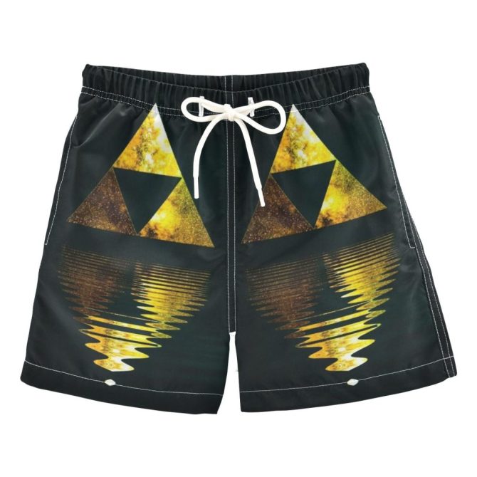 Men'S Geometric Gold Swim Shorts With Drawstring - Stylish Beachwear