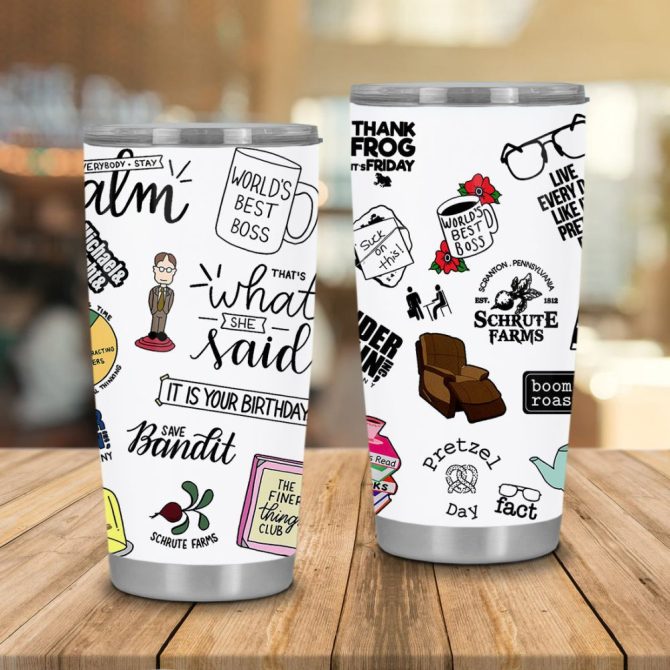 Funny Quotes Travel Mug - Insulated Tumbler With Office Tv Show Stickers - Perfect Gift For Fans