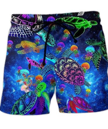 Vibrant Sea Turtle & Jellyfish Swim Trunks - Men'S Quick-Dry Beach Shorts