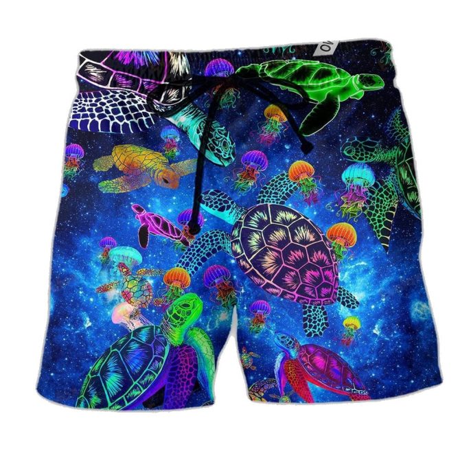 Vibrant Sea Turtle & Jellyfish Swim Trunks - Men'S Quick-Dry Beach Shorts