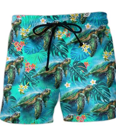 Tropical Turtle Swim Trunks – Vibrant Beach Shorts With Floral Pattern, Quick-Dry, Men'S Swimwear