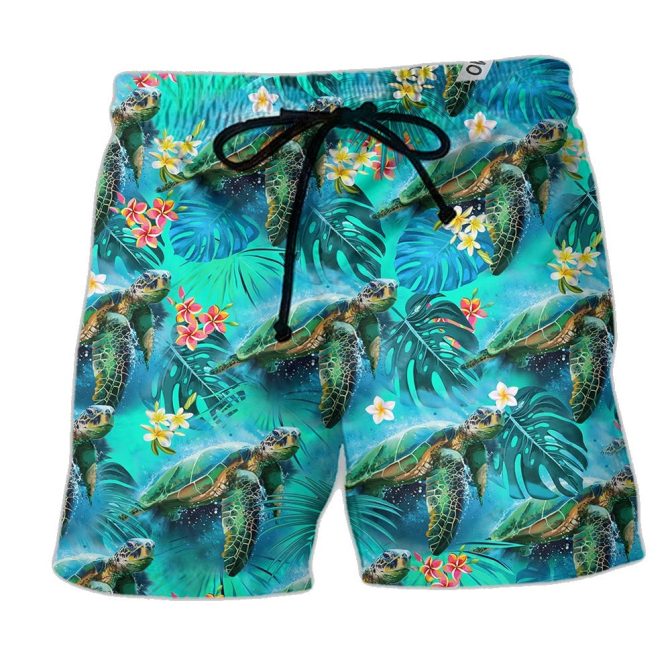 Tropical Turtle Swim Trunks – Vibrant Beach Shorts With Floral Pattern, Quick-Dry, Men'S Swimwear