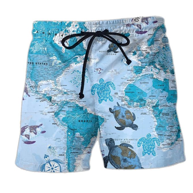 Men'S Ocean Map Swim Trunks With Sea Turtle Print - Quick Dry Beach Shorts