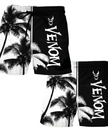 Venom Style Men'S Beach Shorts - Black & White Palm Tree Design, Quick-Dry Swimwear
