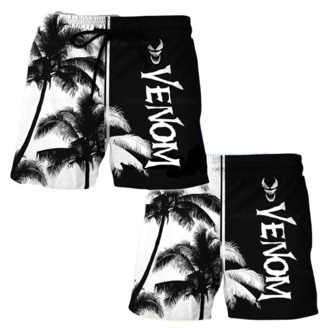 Venom Style Men'S Beach Shorts - Black & White Palm Tree Design, Quick-Dry Swimwear