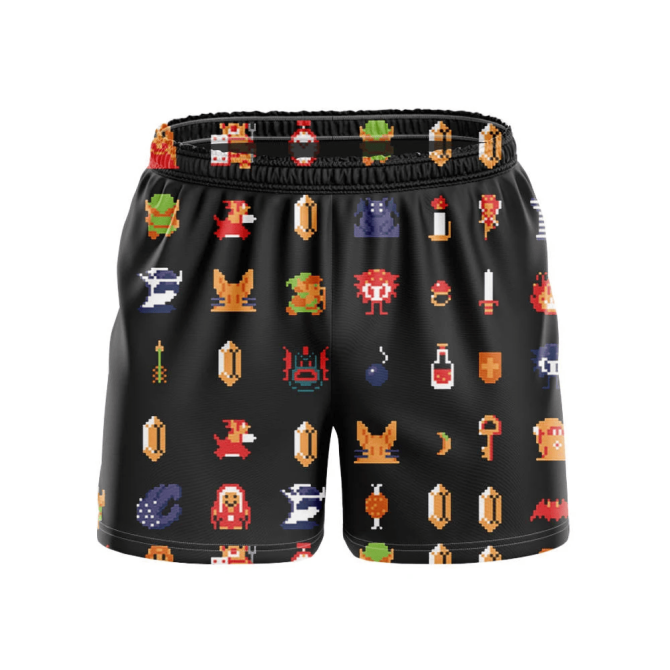 Retro Gamer Pixel Art Shorts - Stylish Black Men'S Swimwear With Iconic Video Game Designs