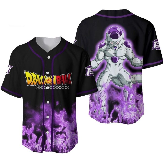 Dragon Ball Anime Baseball Jersey – Frieza Design, Black & Purple Flames, Unisex