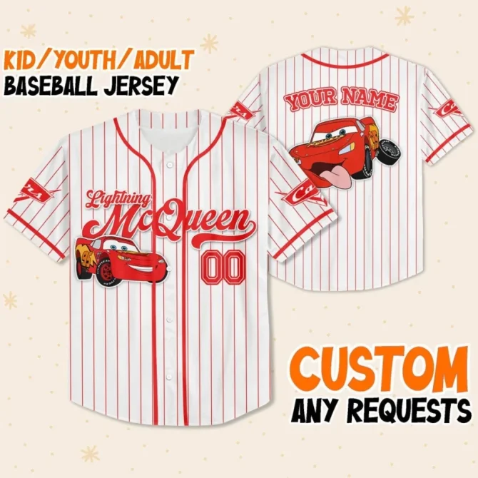 Custom Lightning Mcqueen Baseball Jersey – Kids/Youth/Adult – Personalized Name Option!