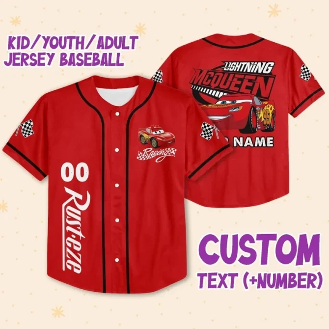 Custom Lightning Mcqueen Baseball Jersey For Kids/Adults – Add Name & Number!