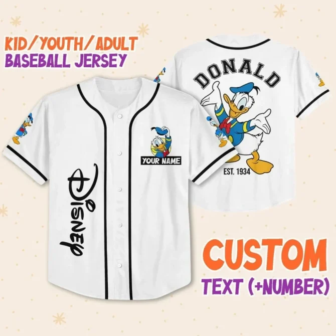Custom Disney Baseball Jersey For Kids/Adults - Add Your Name & Number - Donald Duck Design