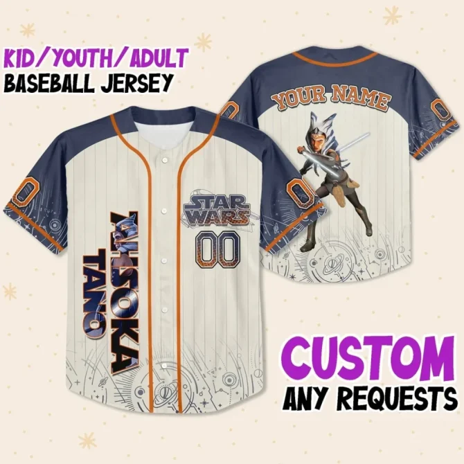 Custom Star Wars Baseball Jersey - Ahsoka Tano Design For Kids/Youth/Adults - Personalize Now!