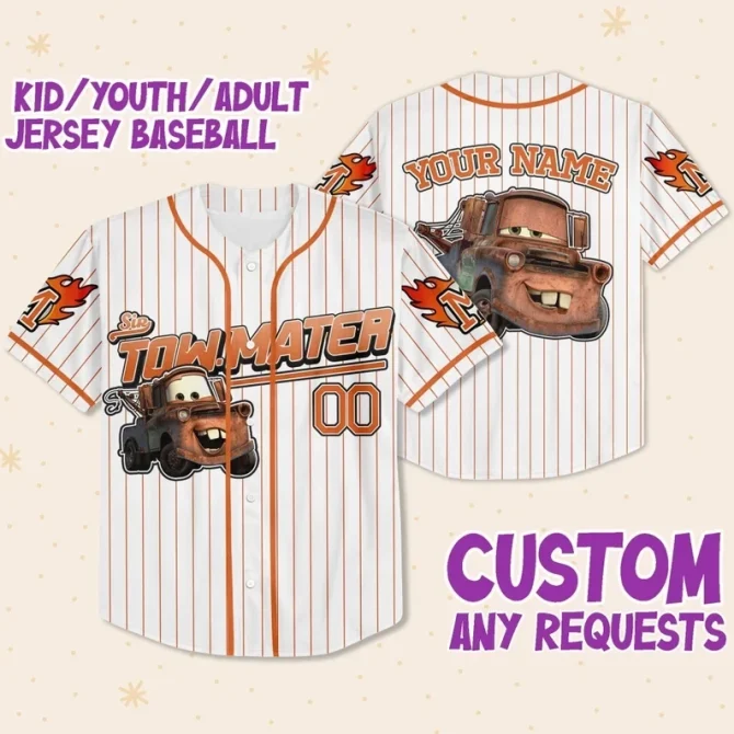 Custom Tow Mater Baseball Jersey - Kids/Youth/Adult Sizes, Personalized Name & Number!