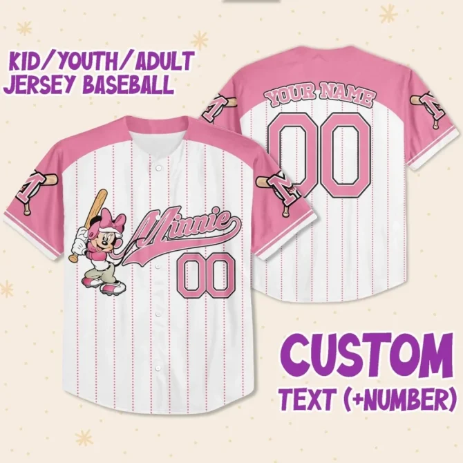 Customizable Pink Baseball Jersey - Minnie Mouse Design For Kids, Youth & Adults - Add Name & Number!