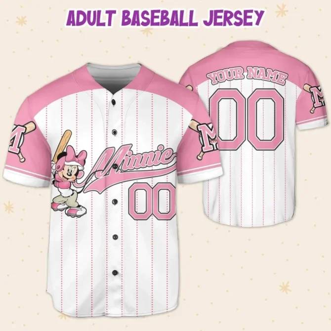 Customizable Pink Baseball Jersey - Minnie Mouse Design For Kids, Youth & Adults - Add Name & Number! - Image 5