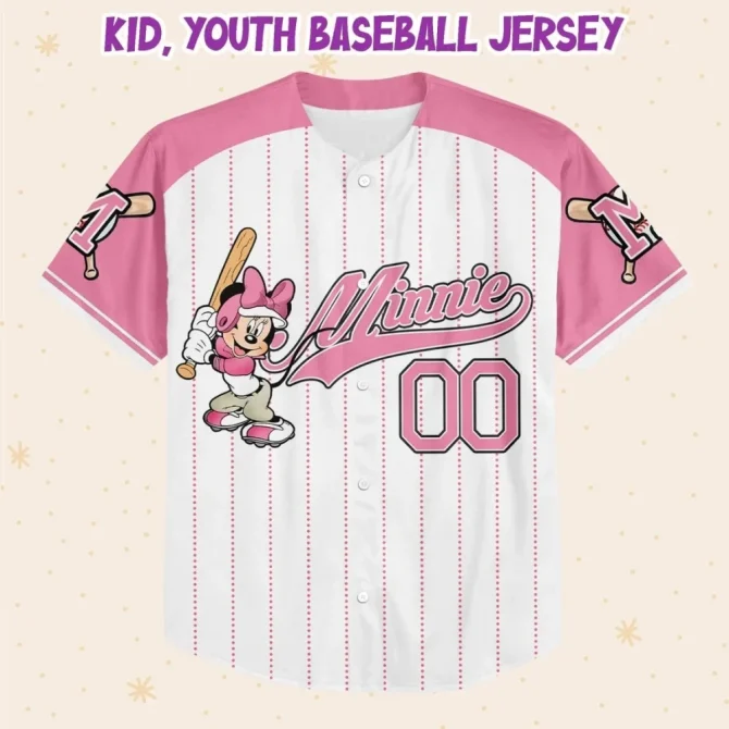 Customizable Pink Baseball Jersey - Minnie Mouse Design For Kids, Youth & Adults - Add Name & Number! - Image 2
