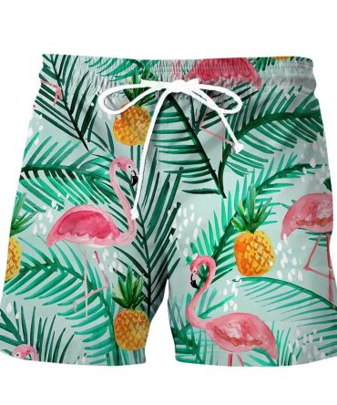 Tropical Flamingo & Pineapple Print Swim Shorts - Men'S Quick Dry Beachwear